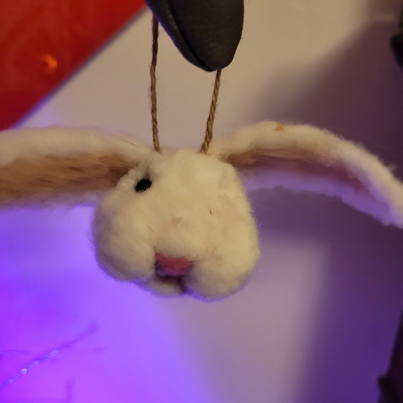 Handmade Needle Felted Wool Bunny Hanging Ornament - White and Pink - Picture 3 of 5